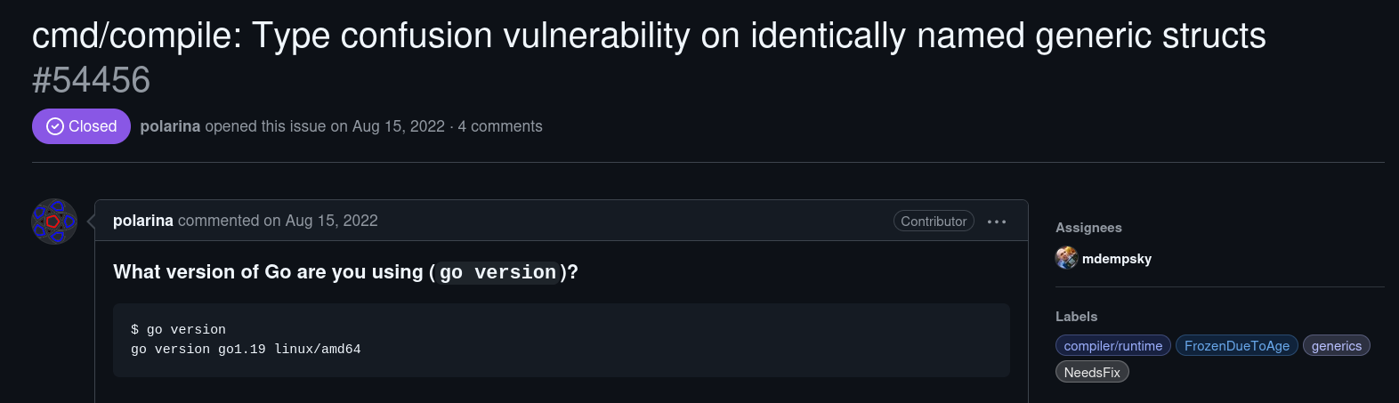 Issue с уязвимость Type Confusion на GitHub